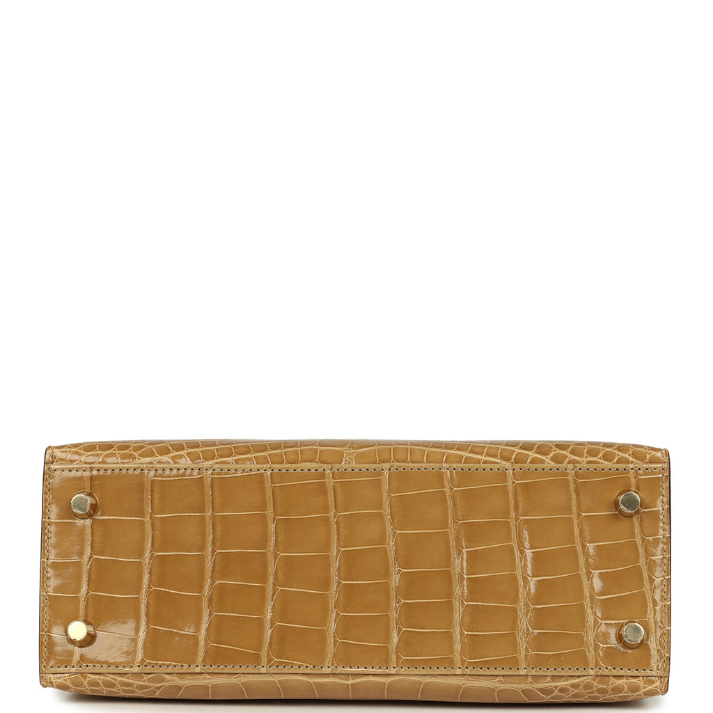 Hermes Special Order (HSS) Kelly Sellier 25 Beige Sable and Jaune Ambre Shiny Alligator Mississpiensis Brushed Gold Hardware - Image 7