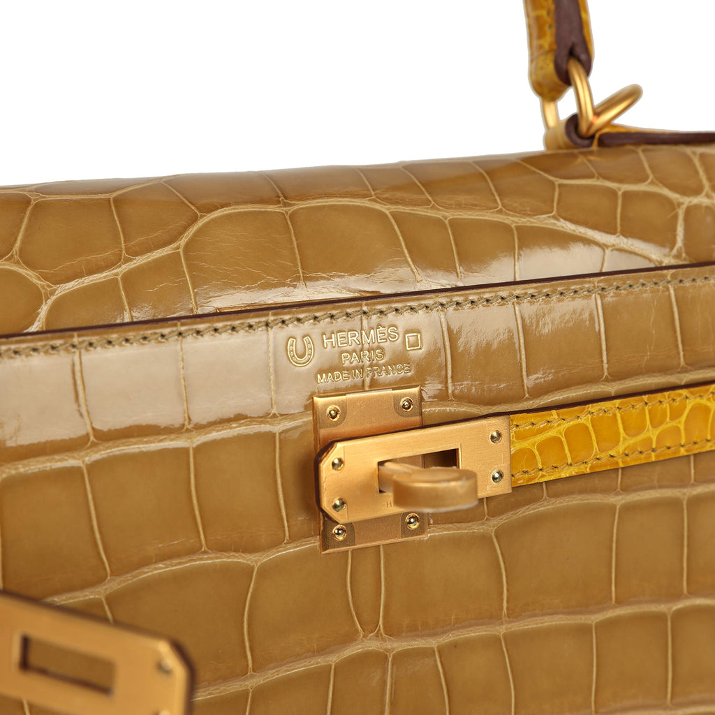Hermes Special Order (HSS) Kelly Sellier 25 Beige Sable and Jaune Ambre Shiny Alligator Mississpiensis Brushed Gold Hardware - Image 8