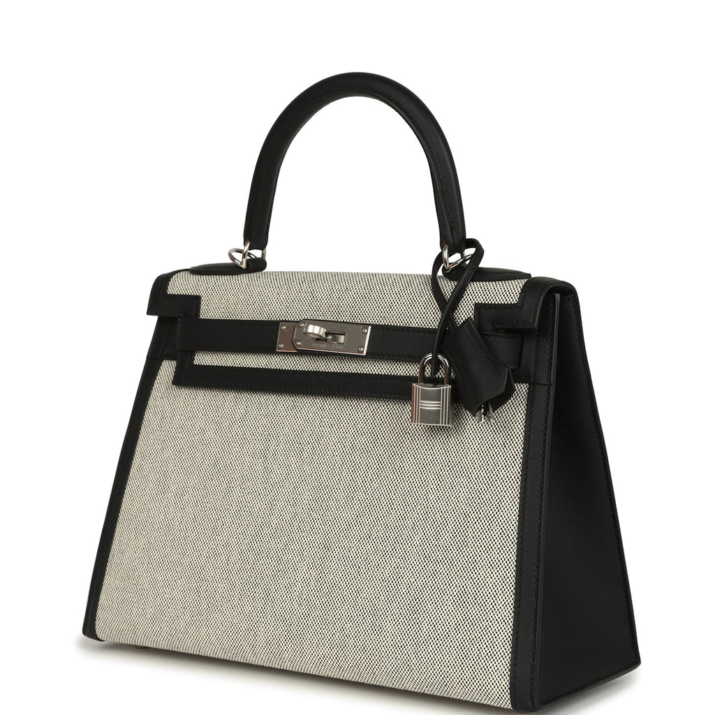Hermes Kelly Sellier 28 Black Swift and Ecru-Black Toile H Canvas Palladium Hardware - Image 6