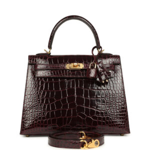 Hermes Kelly Sellier 25 Bordeaux Shiny Alligator Gold Hardware