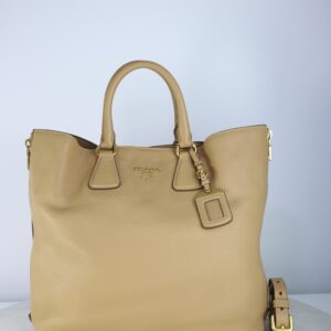 Prada Beige Vitello Daino Large Shopping Tote Bag W/ Strap