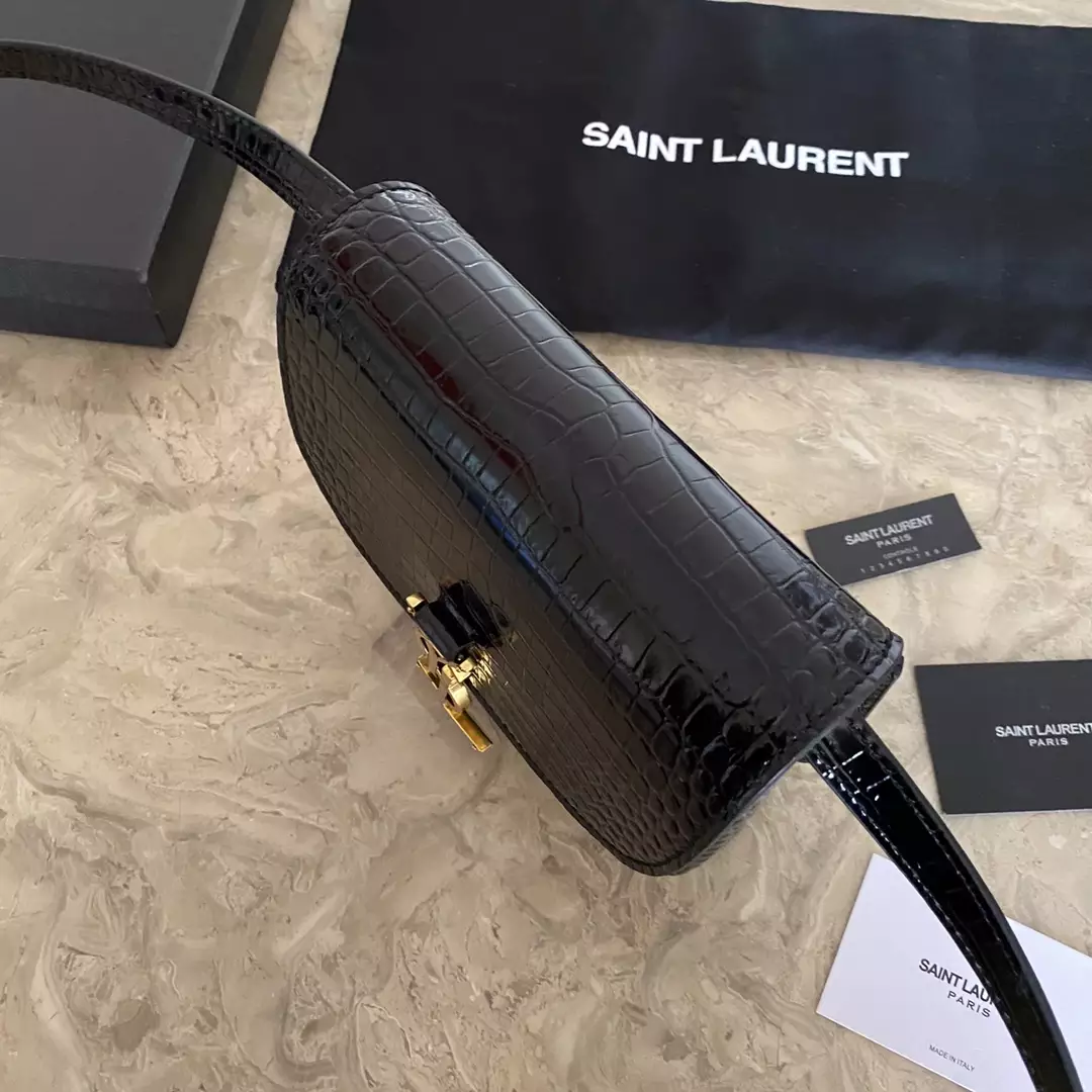 Kaia Small Satchel in Shiny Crocodile-Embossed Leather - Image 9