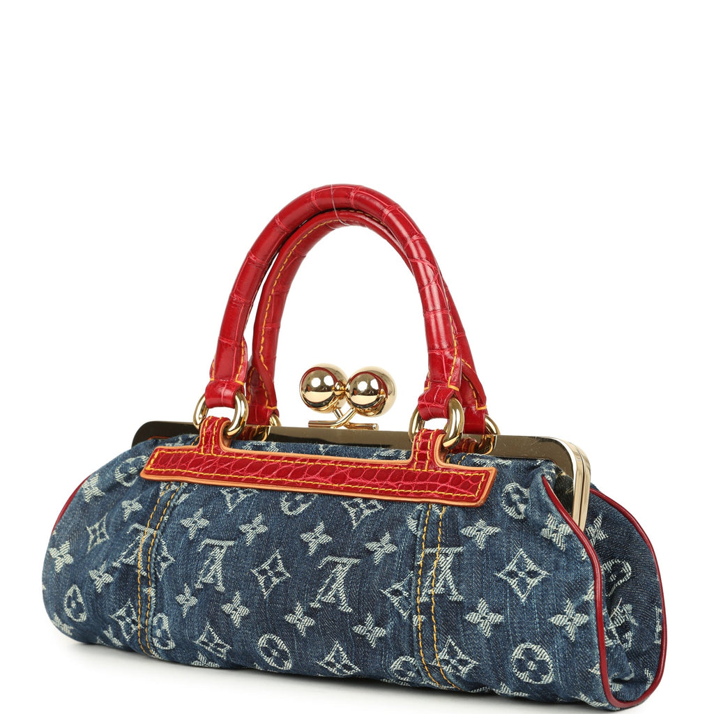 Vintage Louis Vuitton Sac Fermoir GM Bag Blue Monogram Denim and Red Alligator Gold Hardware - Image 6