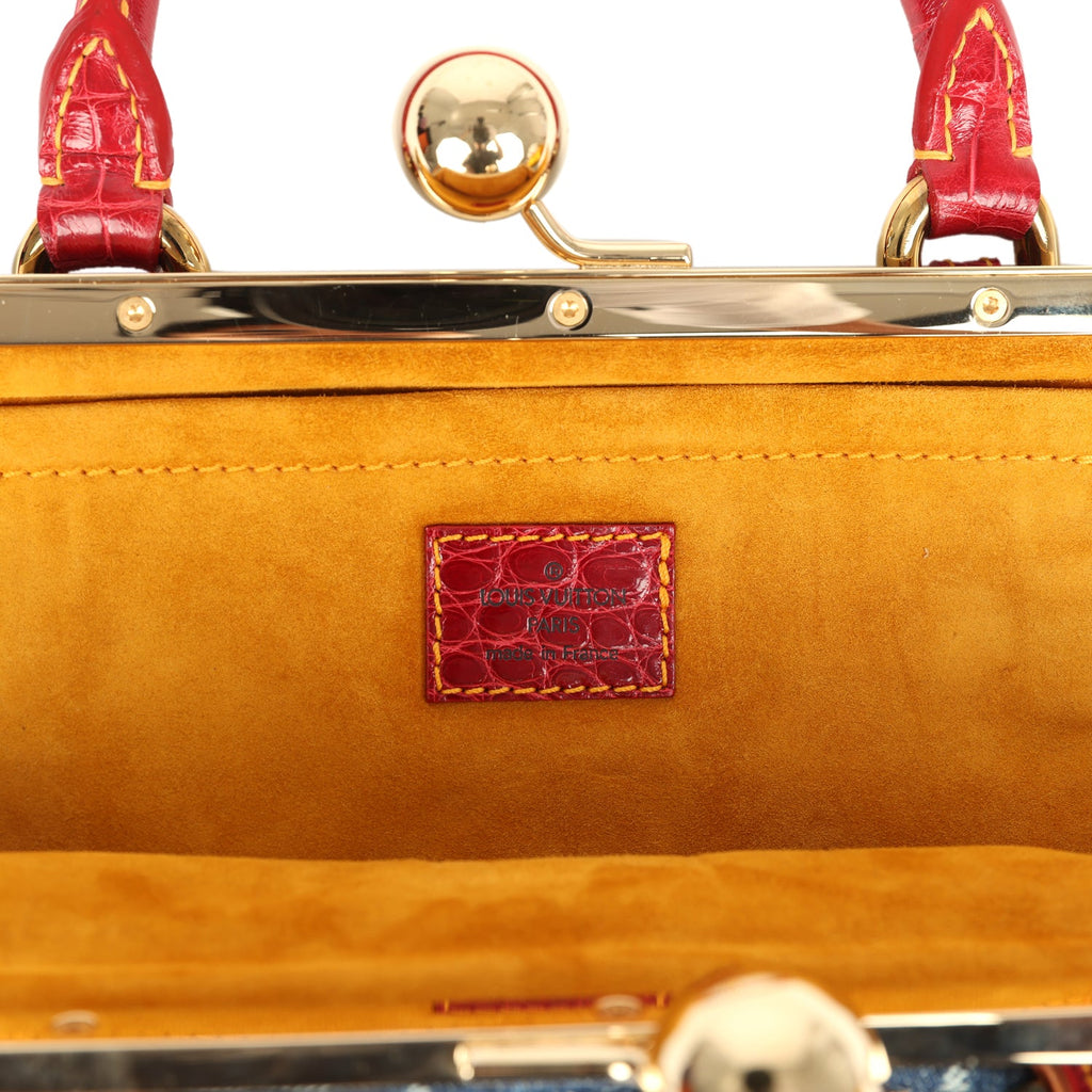 Vintage Louis Vuitton Sac Fermoir GM Bag Blue Monogram Denim and Red Alligator Gold Hardware - Image 8