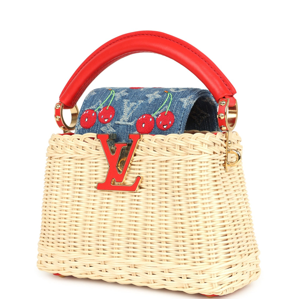 Louis Vuitton X Takashi Murakami Capucines Mini Red and Blue Monogram Cherry Denim and Rattan Wicker Gold Hardware - Image 6