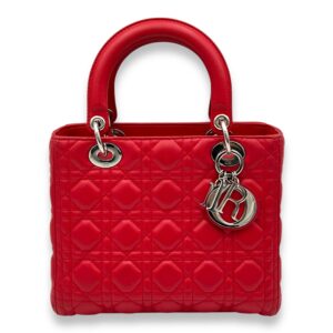 Lady Dior Medium Red Top Handle Bag in Lambskin, Silver hardware