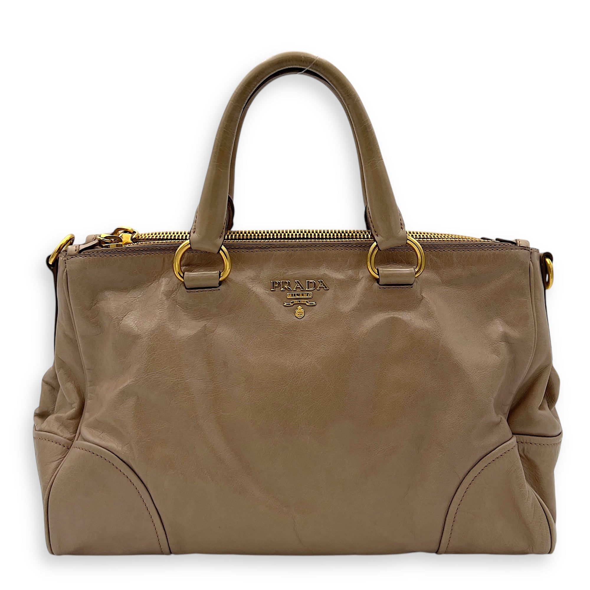 Logo Top Handle Bag Beige in Calfskin, Gold hardware