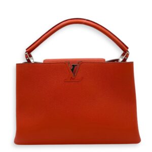 Capucines MM Clementine Top Handle Bag in Taurillon Leather, Light Gold hardware