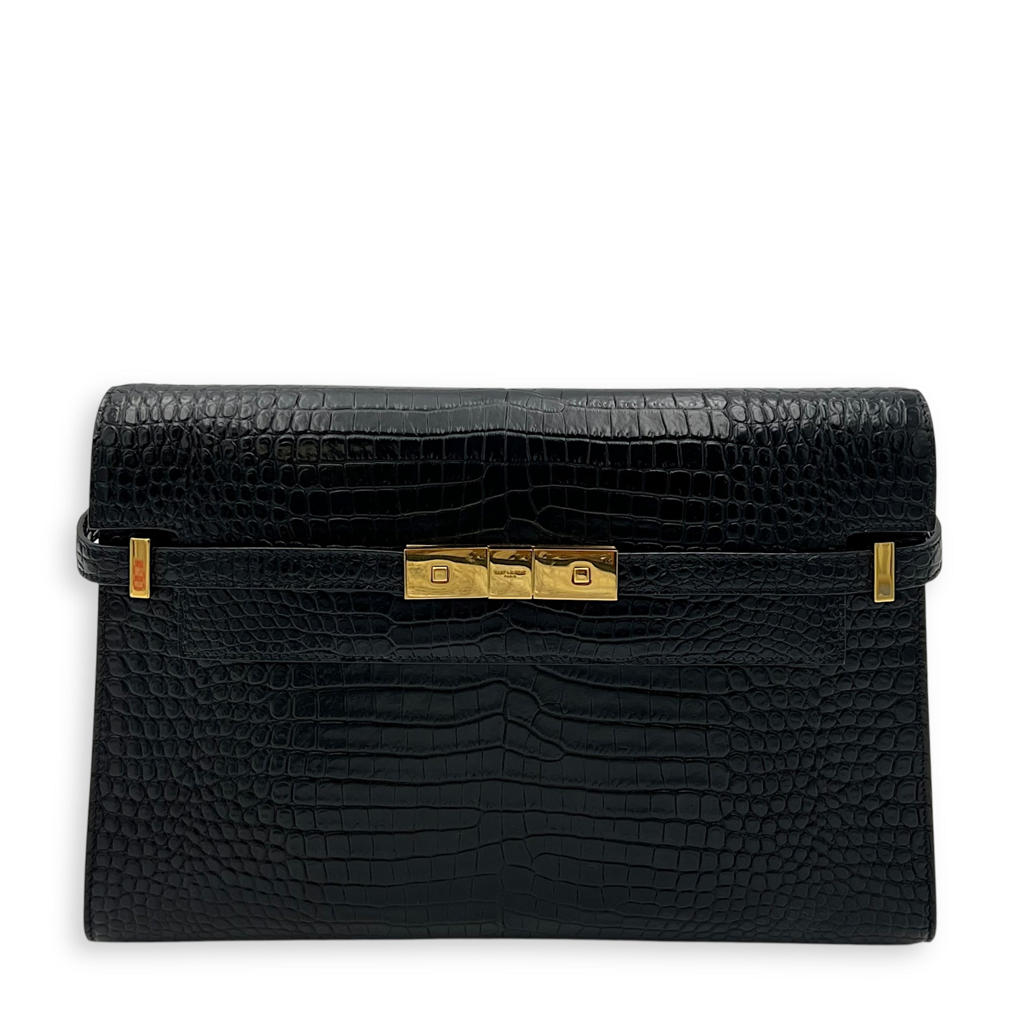 Manhattan Shoulder Bag Black in Crocodile Embossed Calfskin, Gold hardware