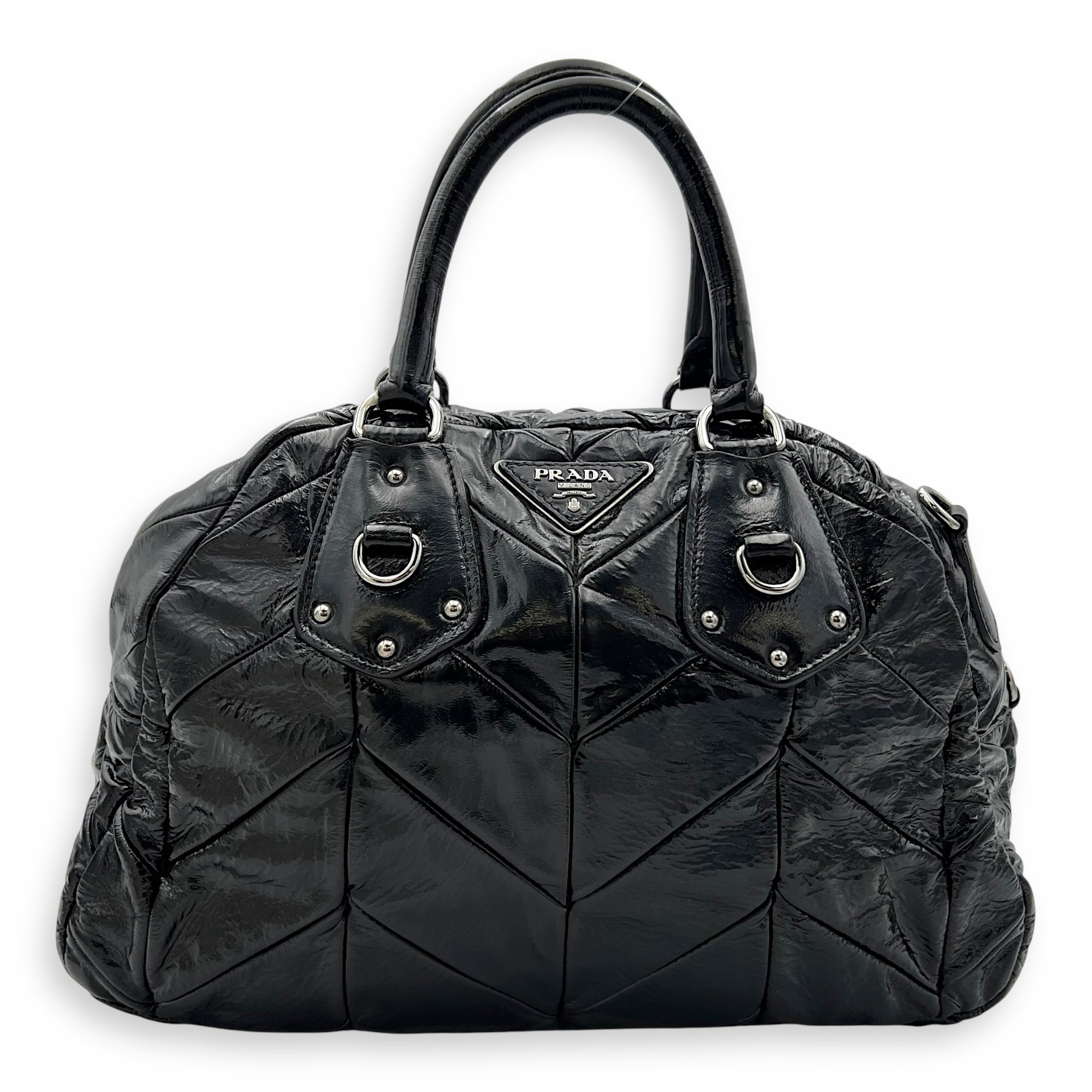 Quilted Top Handle Bag Black in Glazed Calfskin, Silver hardware
