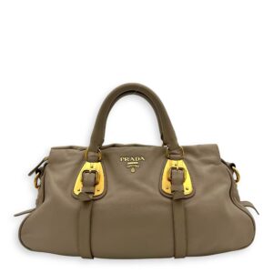Logo Top Handle Bag Beige in Calfskin, Gold hardware