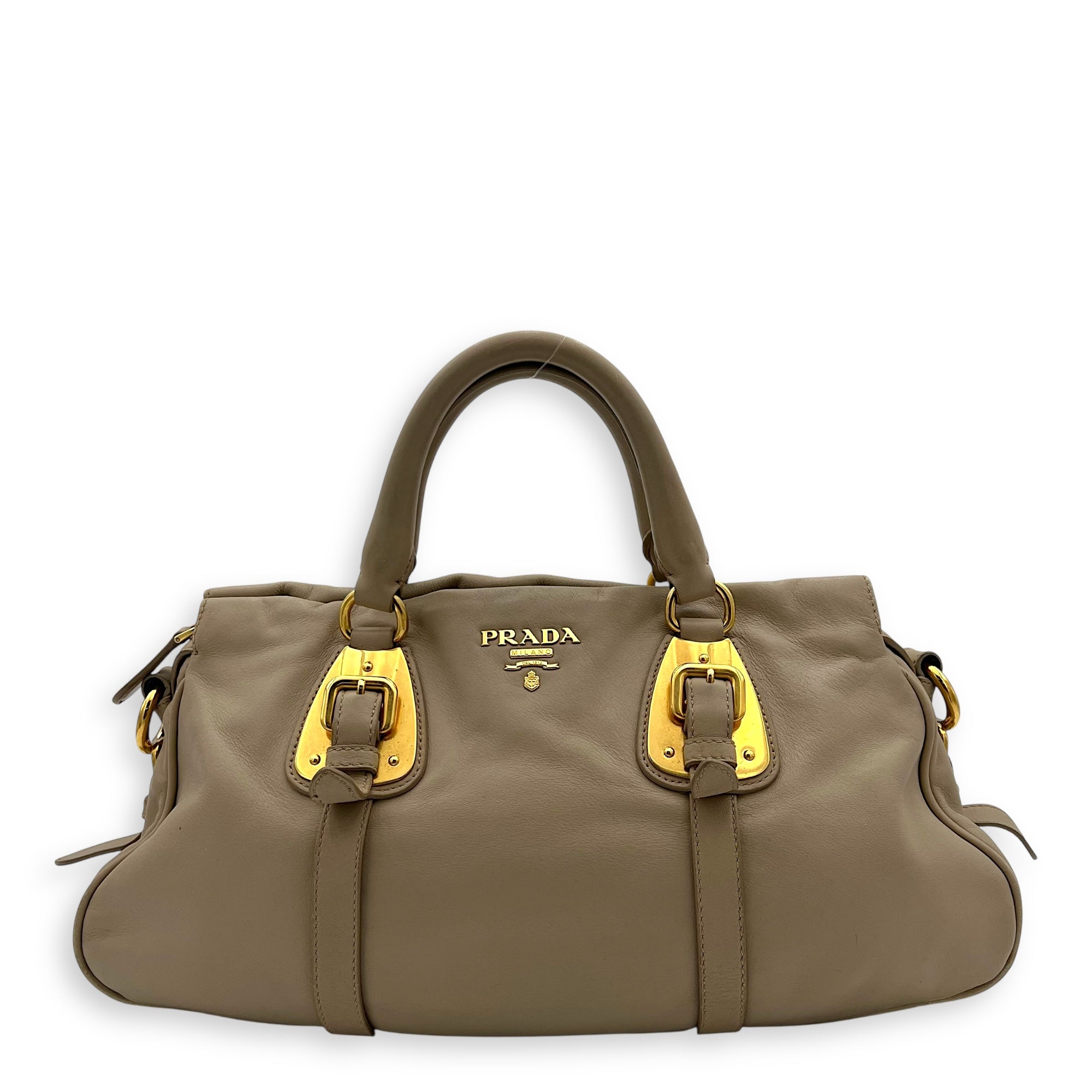 Logo Top Handle Bag Beige in Calfskin, Gold hardware