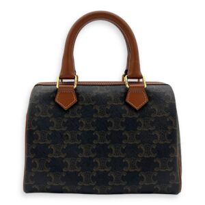 Triomphe Boston Brown Top Handle Bag in Coated Canvas, Gold hardware