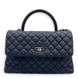 Coco Handle Quilted Top Handle Bag Blue in Caviar Leather, Silver hardware