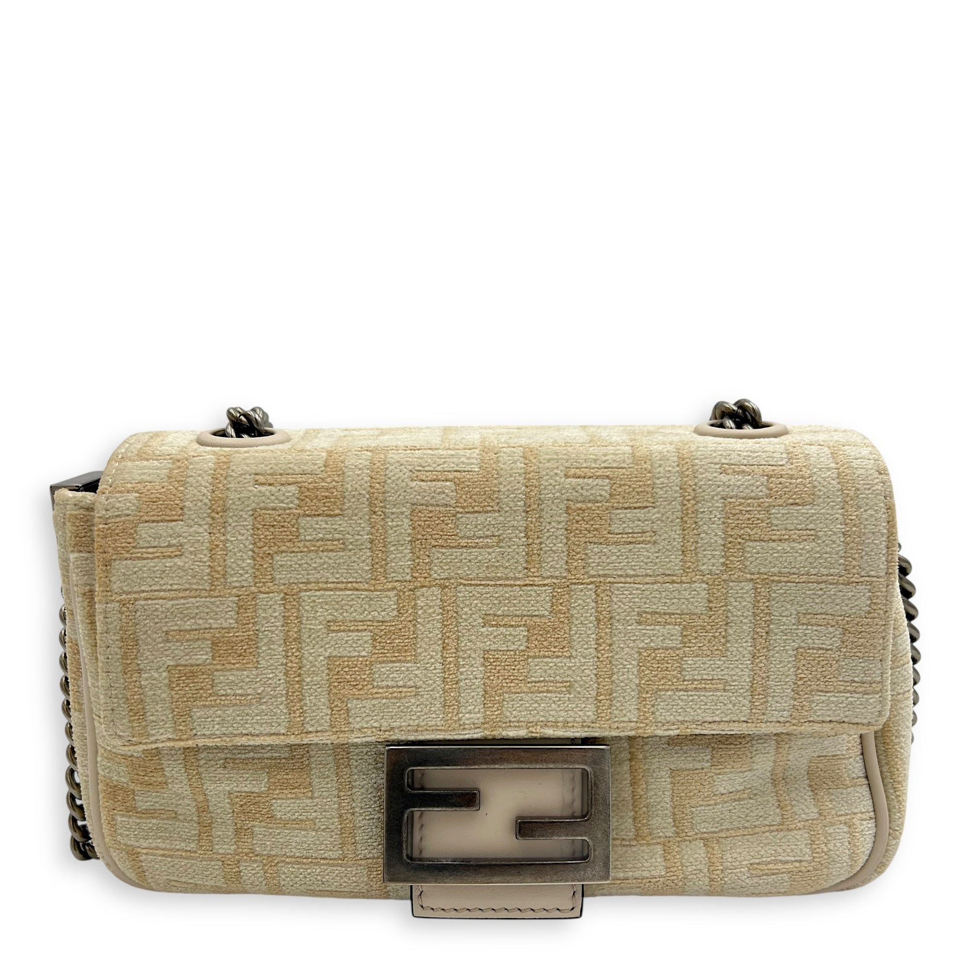 Baguette Shoulder Bag Beige in Velvet, Silver hardware