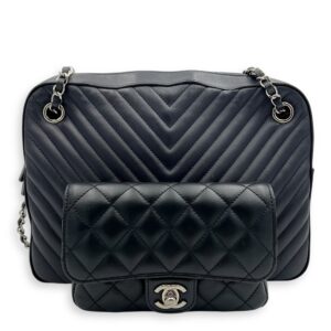 Paris Hamburg Double Camera Bag With Flap Navy & Black Shoulder Bag in Calfskin, Silver hardware