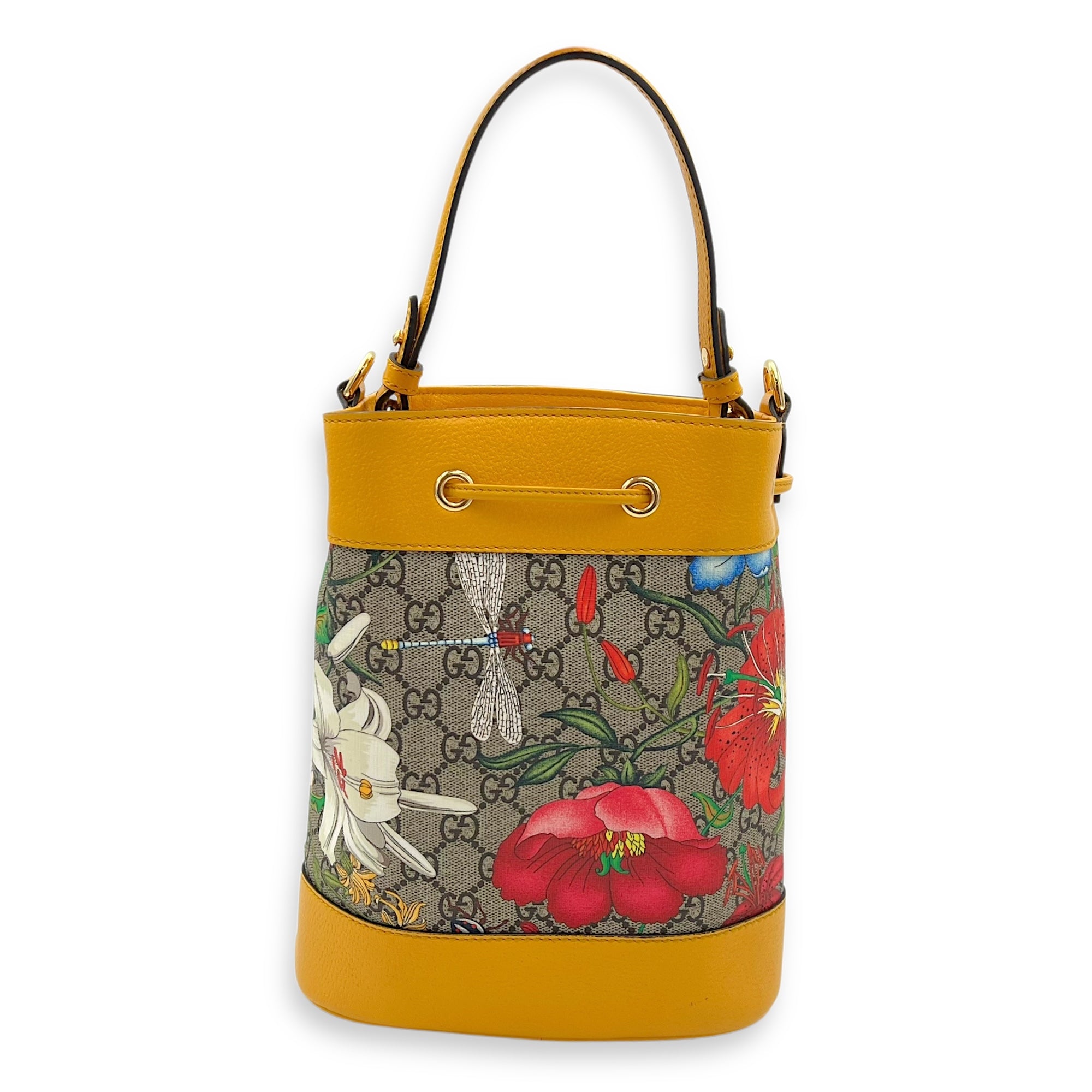 Ophidia Bucket Bag Yellow in Coated Canvas, Gold hardware - Image 3
