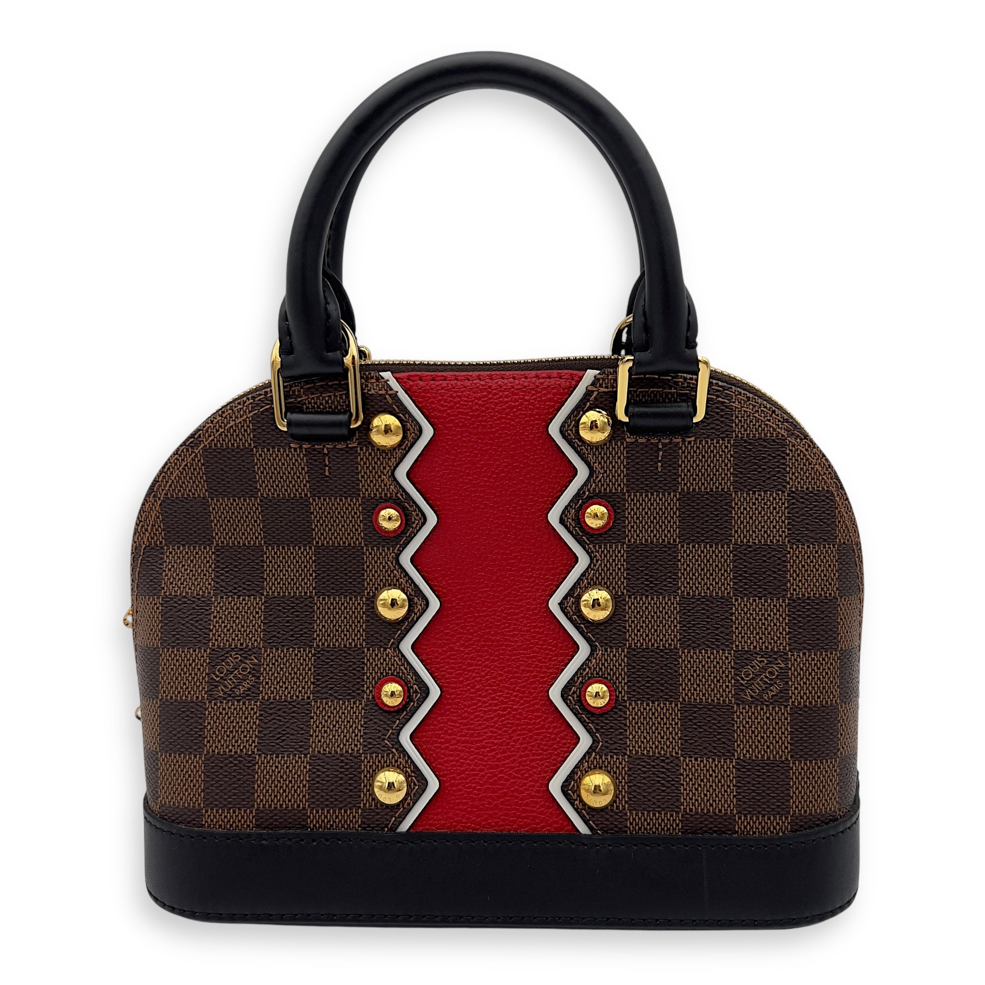 Karakoram Alma BB Damier Ebene Top Handle Bag in Coated Canvas, Gold hardware - Image 3