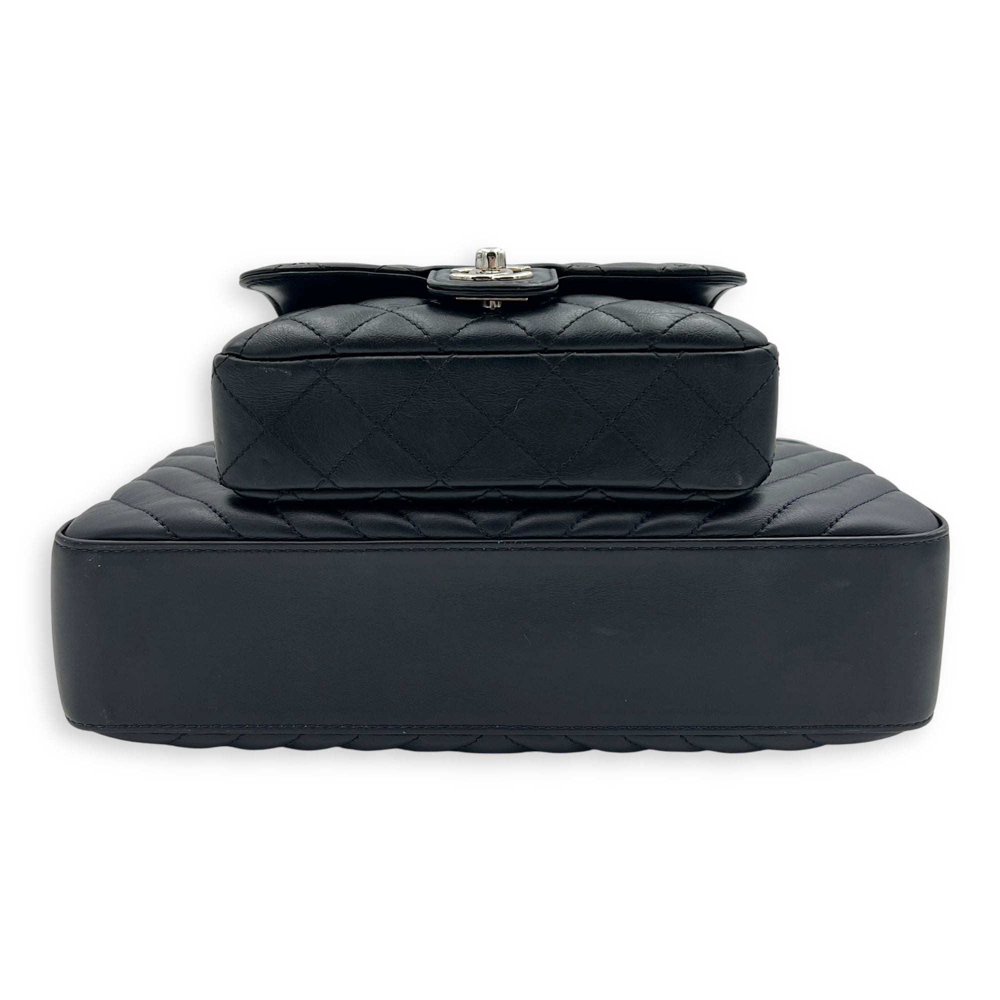 Paris Hamburg Double Camera Bag With Flap Navy & Black Shoulder Bag in Calfskin, Silver hardware - Image 5