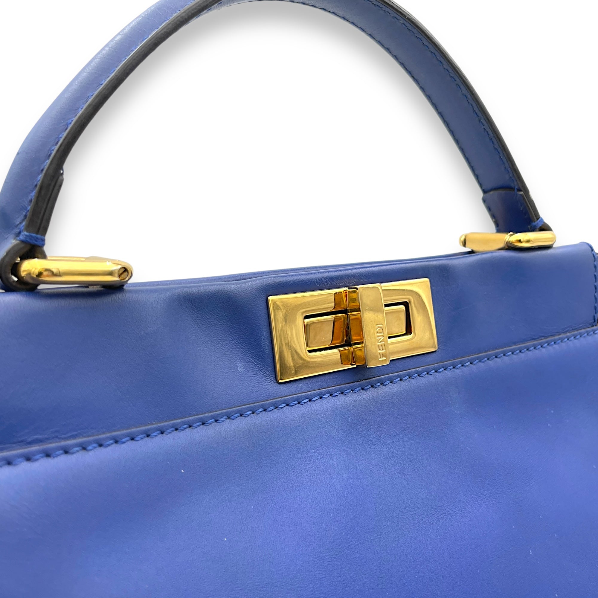 Peekaboo Medium Blue Top Handle Bag in Calfskin, Gold hardware - Image 7