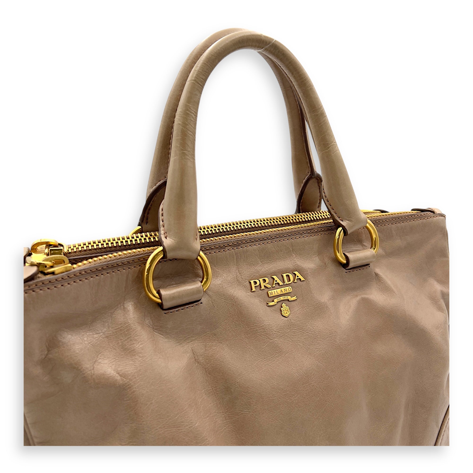 Logo Top Handle Bag Beige in Calfskin, Gold hardware - Image 7