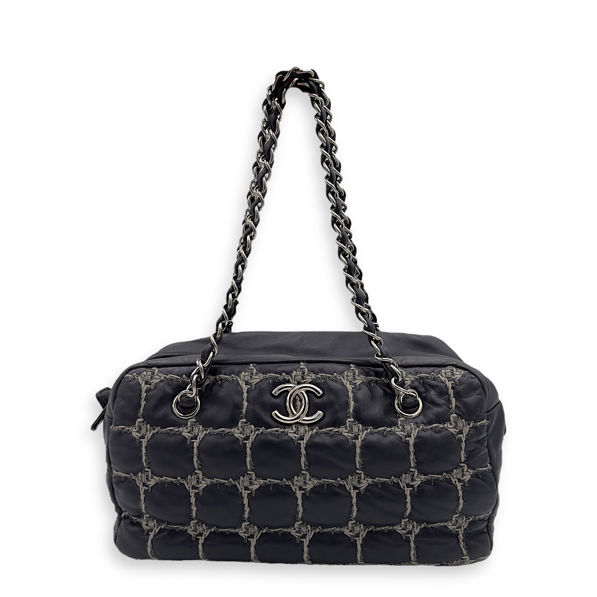 Double Stitch Bubble Grey Shoulder Bag in Tweed and Lambskin, Silver hardware - Image 8