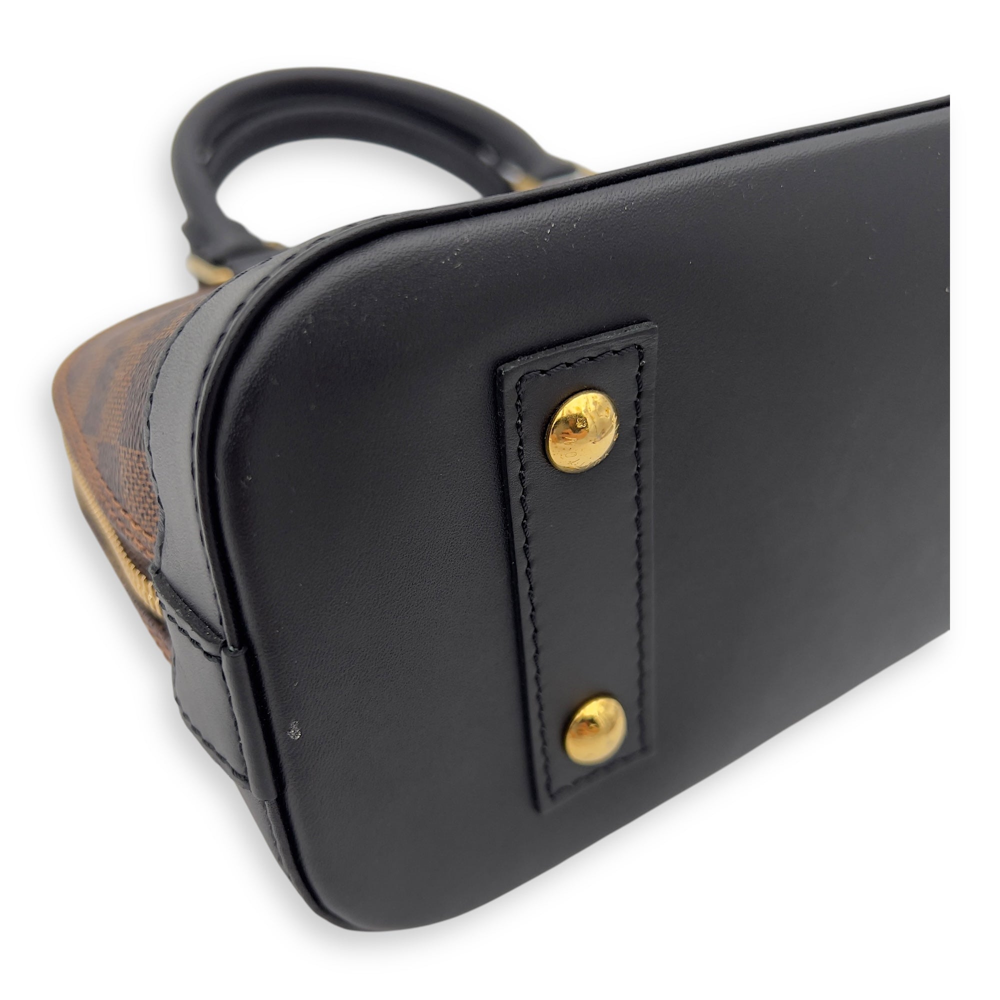 Karakoram Alma BB Damier Ebene Top Handle Bag in Coated Canvas, Gold hardware - Image 7