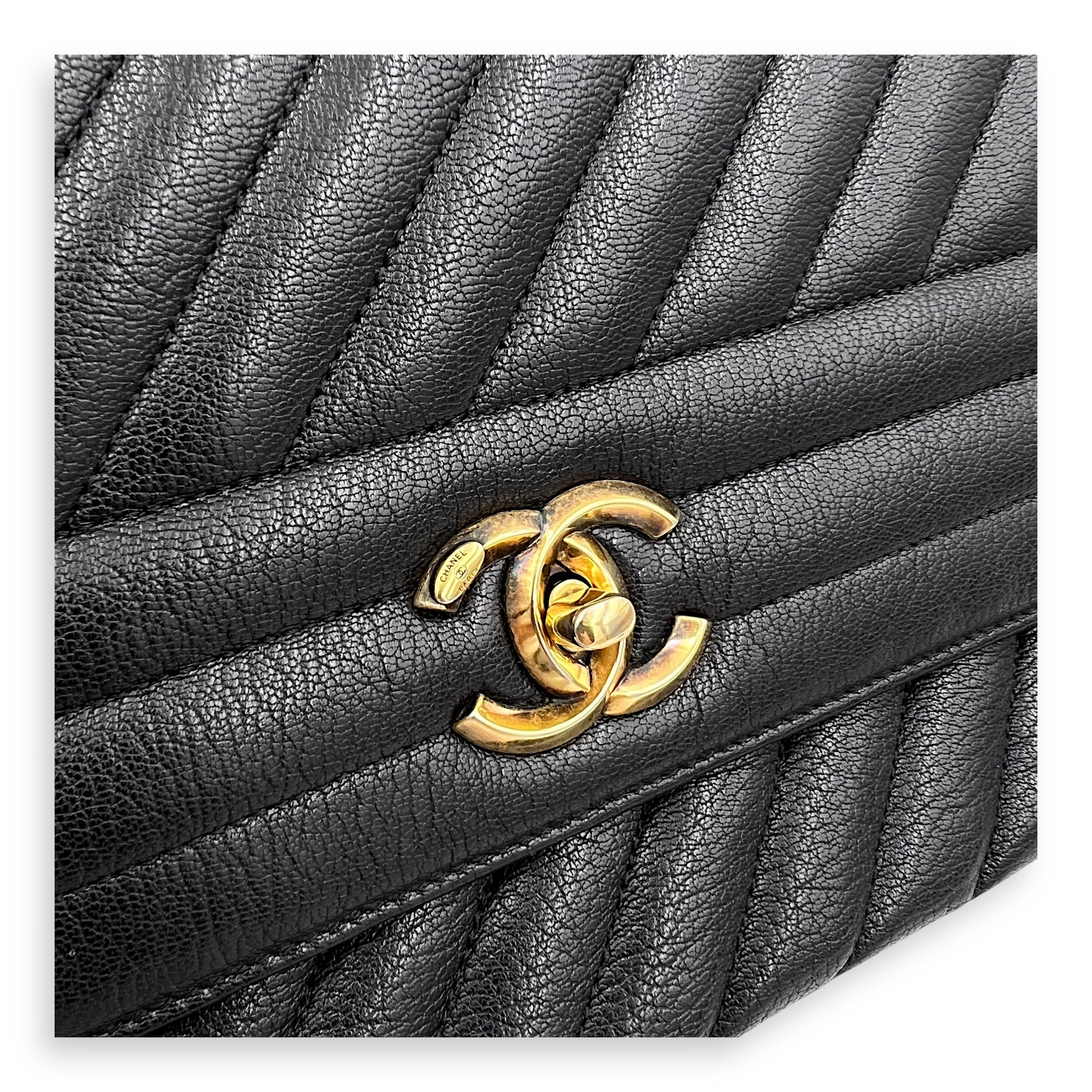 Diagonal Quilted Shoulder Bag Black in Goat Leather, Gold hardware - Image 9