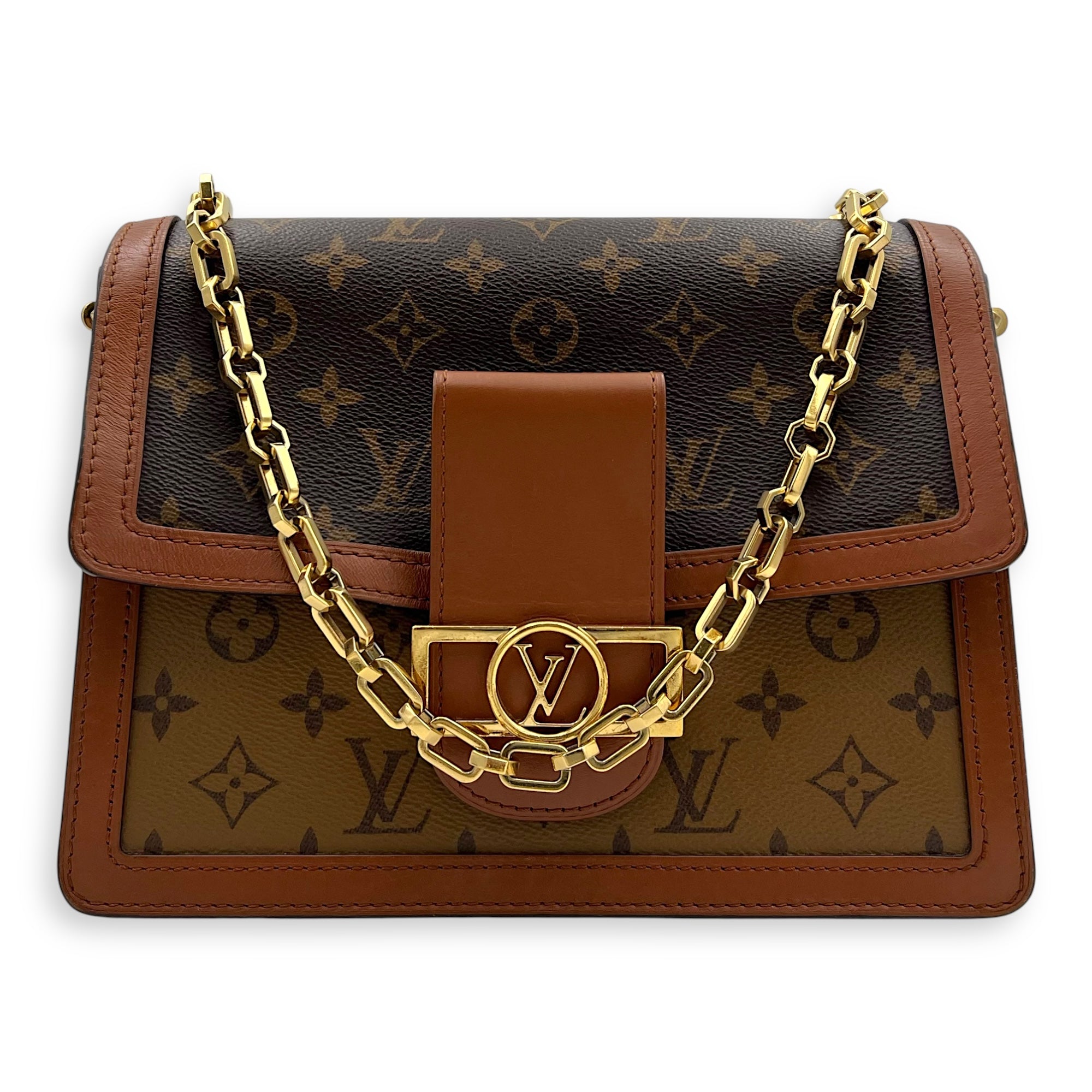 Dauphine MM Brown Shoulder Bag in Monogram Coated Canvas, Gold hardware - Image 10