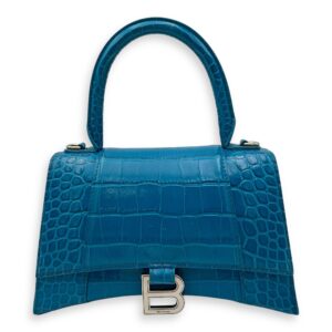Hourglass Top Handle Bag Blue in Crocodile Embossed Calfskin, Silver hardware