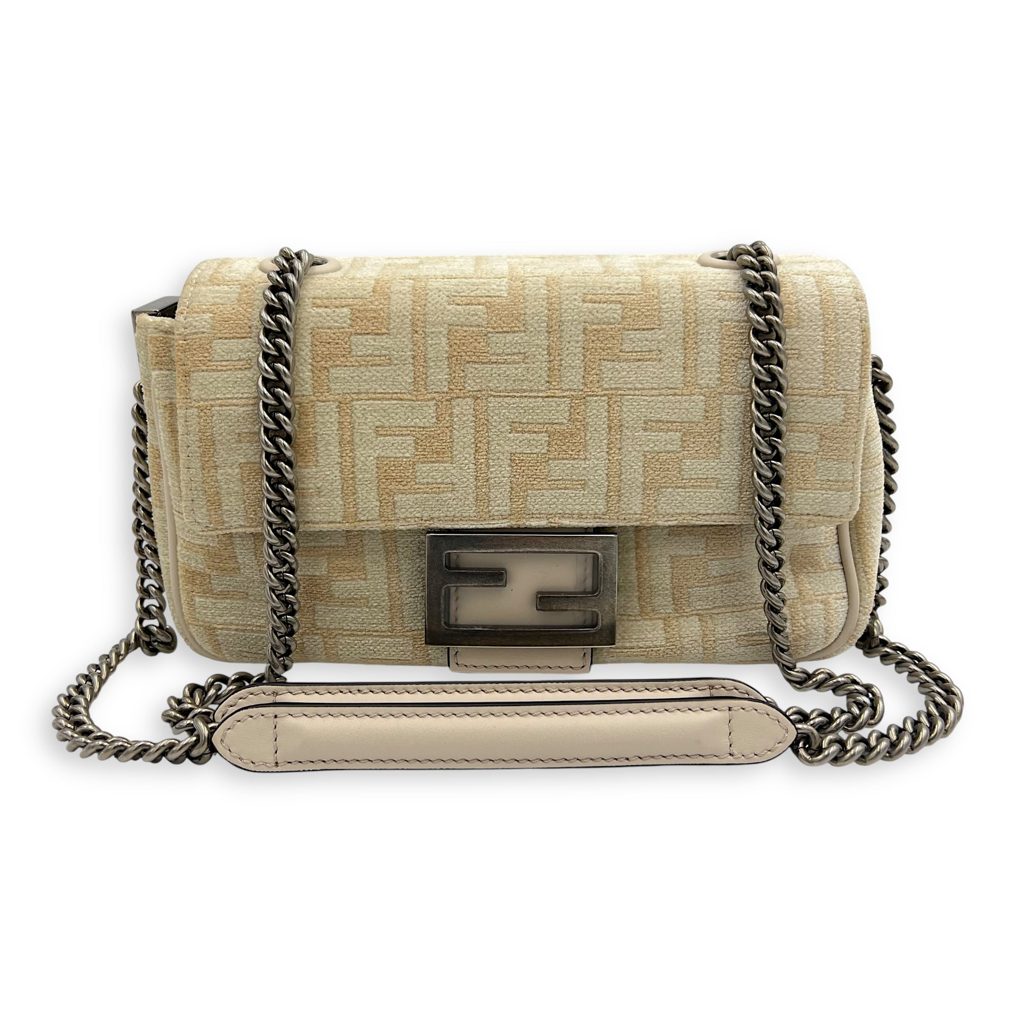 Baguette Shoulder Bag Beige in Velvet, Silver hardware - Image 10