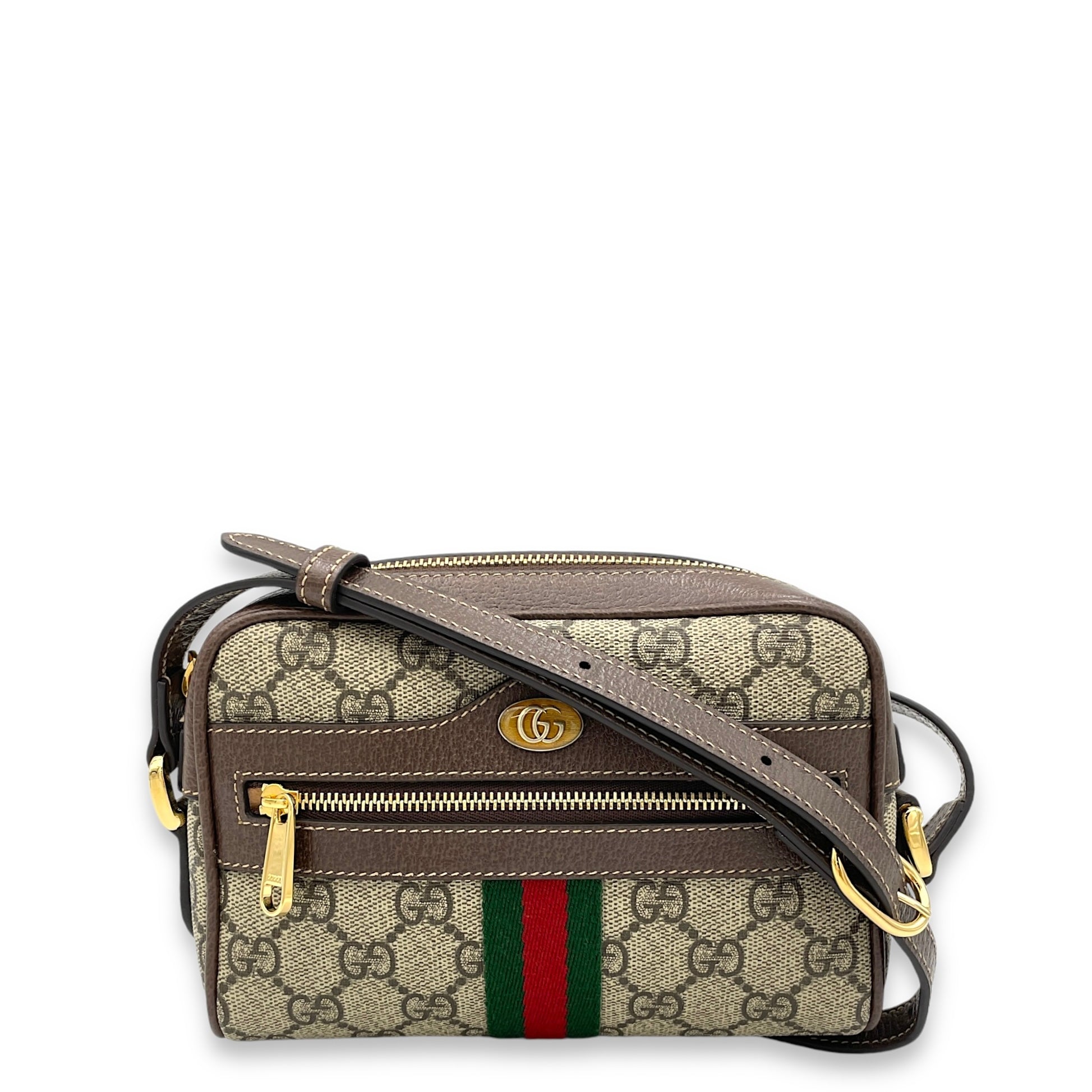 GG Supreme Web Ophidia Brown Crossbody Bag in Monogram Coated Canvas, Gold hardware