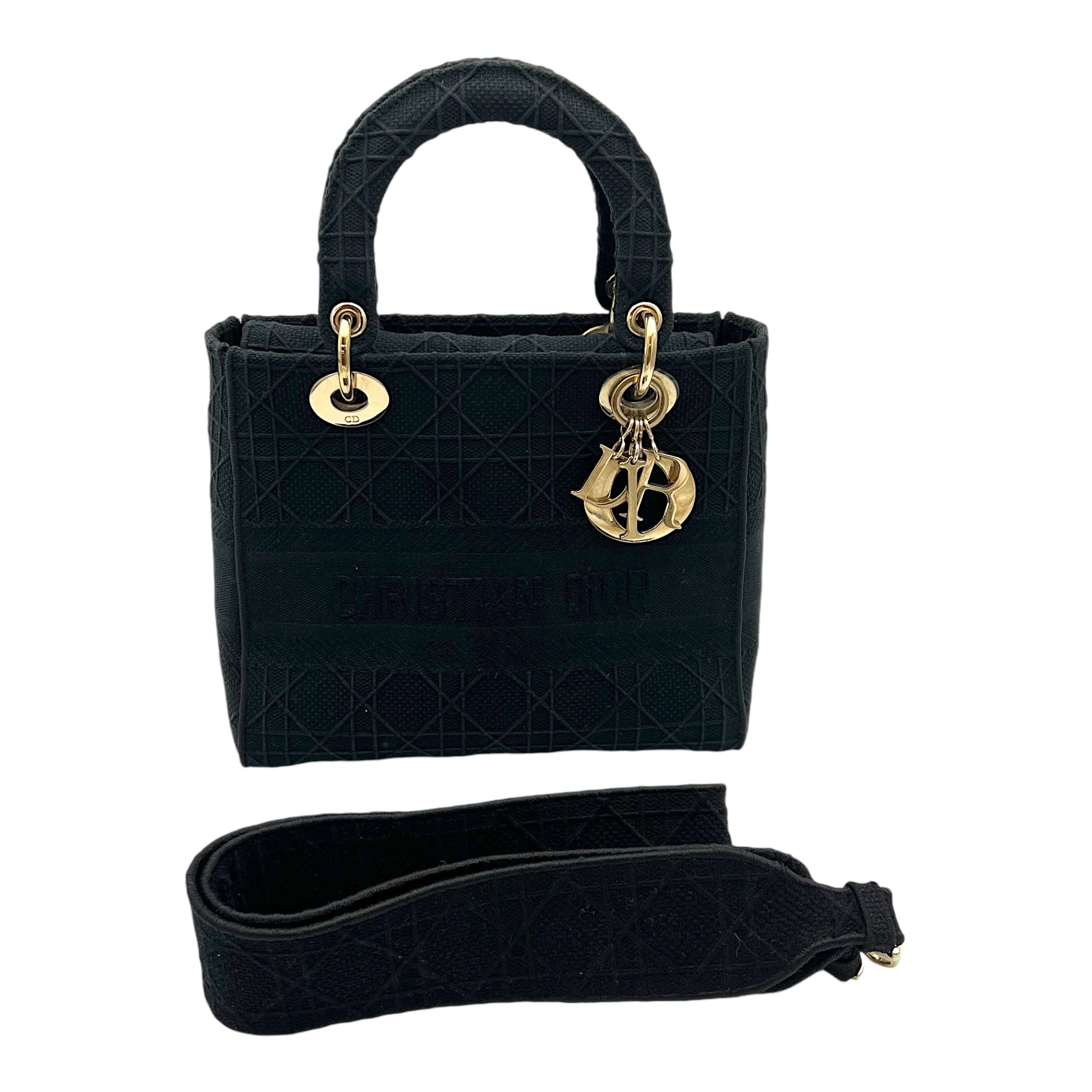 Lady D-Lite Medium Black Top Handle Bag in Canvas, Gold hardware - Image 13