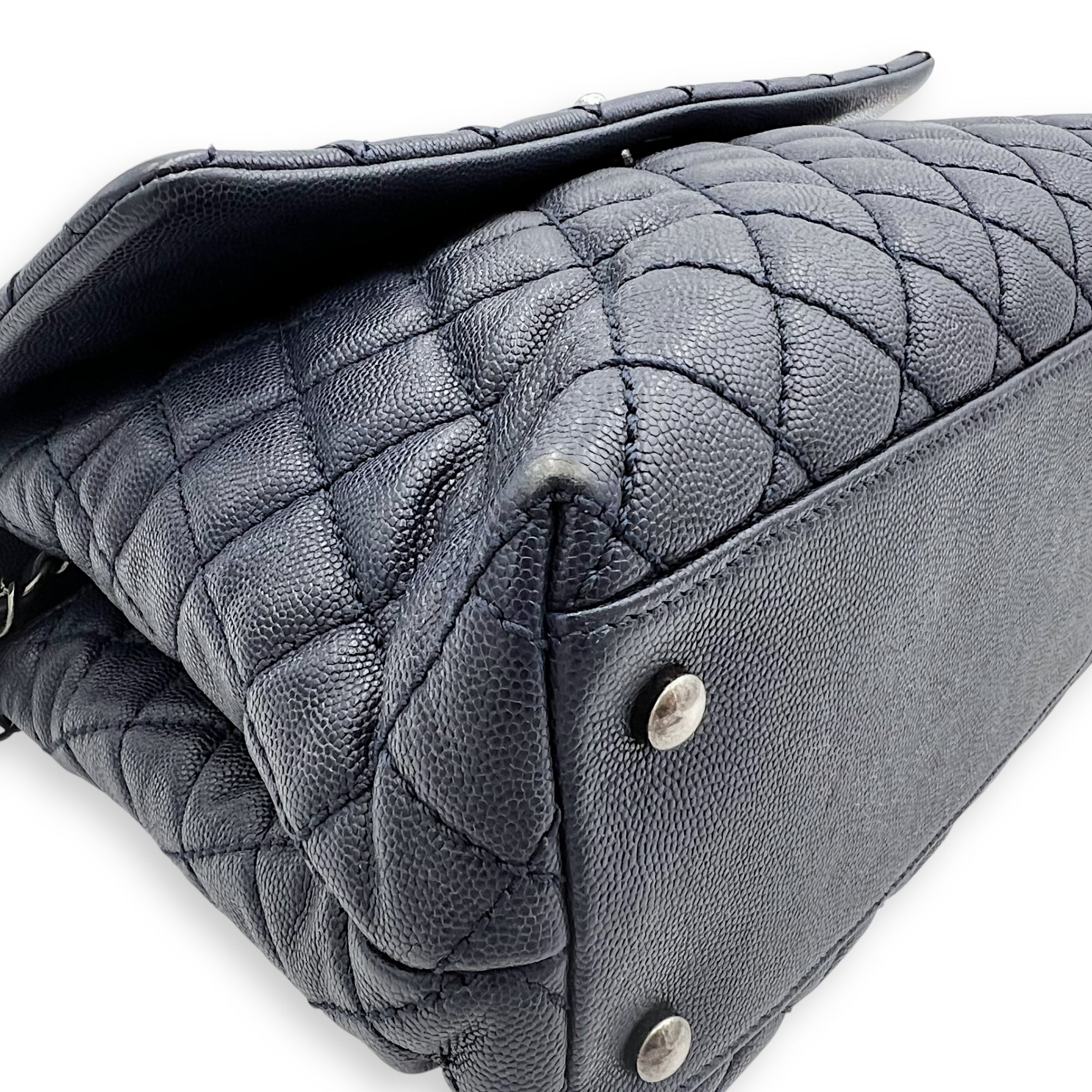 Coco Handle Quilted Top Handle Bag Blue in Caviar Leather, Silver hardware - Image 13