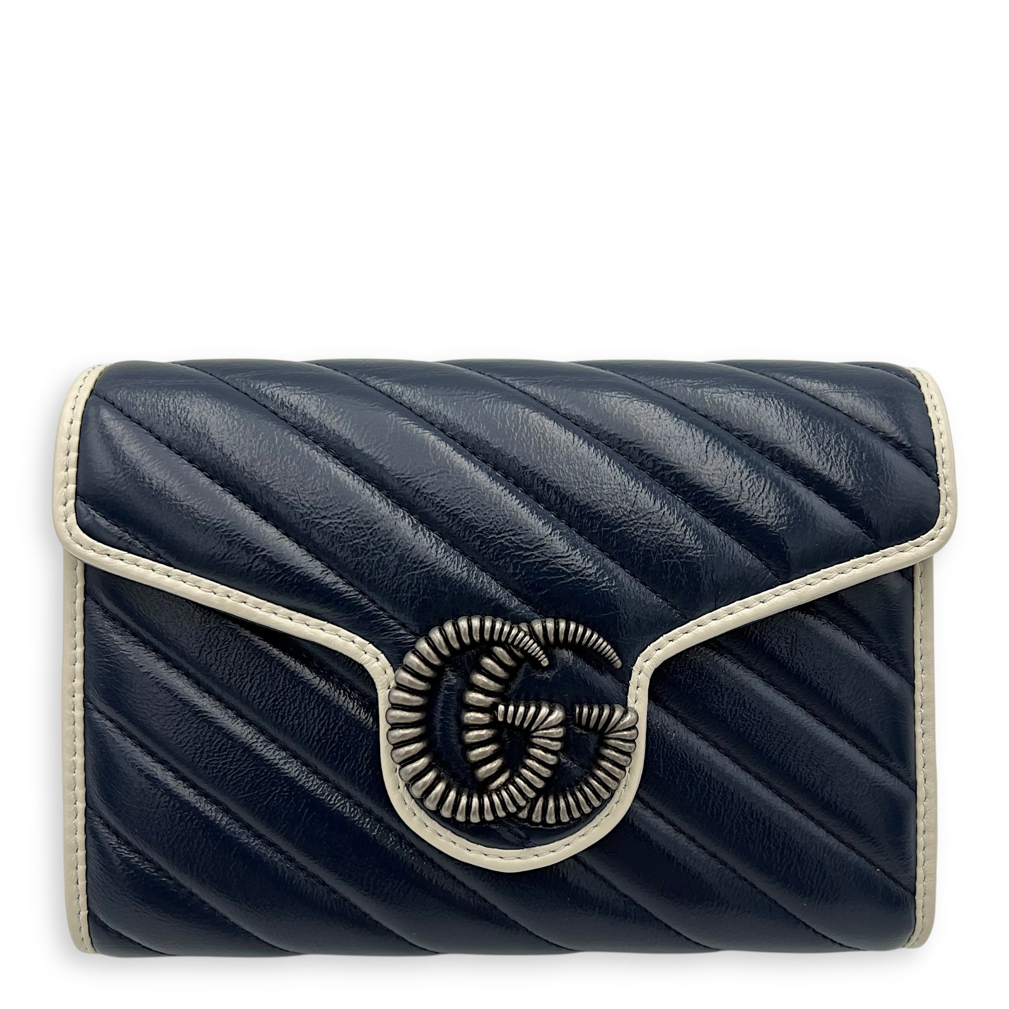 GG Marmont Wallet On Chain Blue in Calfskin, Ruthenium hardware