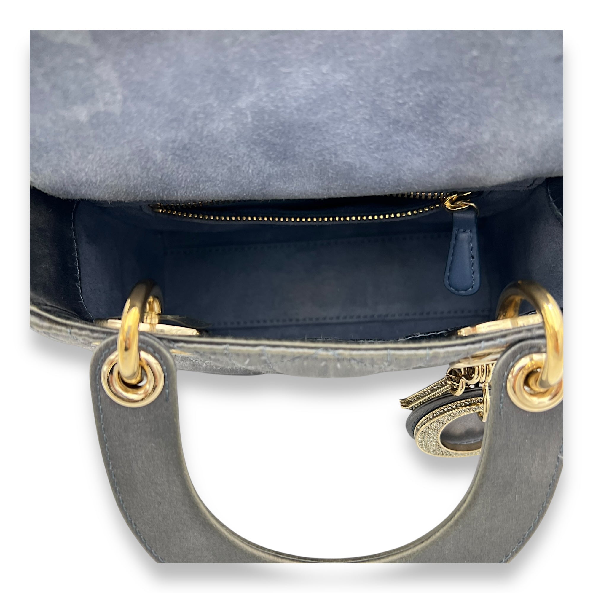 Lady Dior Top Handle Bag Mini Grey in Satin, Gold hardware - Image 7