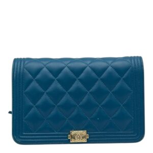 Boy Wallet On Chain Blue in Lambskin, Gold hardware