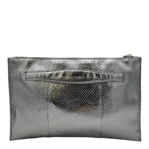 Push Lock Clip Silver Clutch in Python Embossed Calfskin, Silver hardware