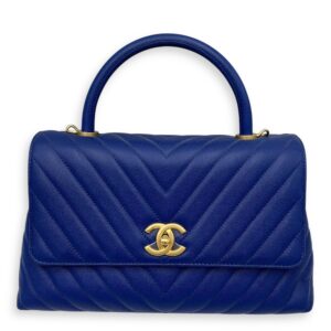 Coco Medium Blue Top Handle Bag in Caviar Leather, Gold hardware