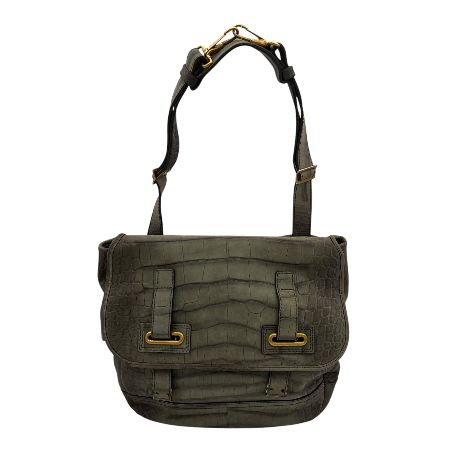 Besace Shoulder Bag Grey in Crocodile Embossed Calfskin, Gold hardware - Image 12