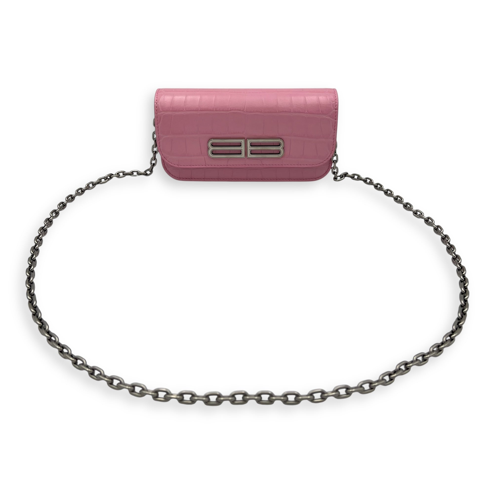 Gossip Wallet On Chain Pink in Crocodile Embossed Calfskin, Silver hardware - Image 12