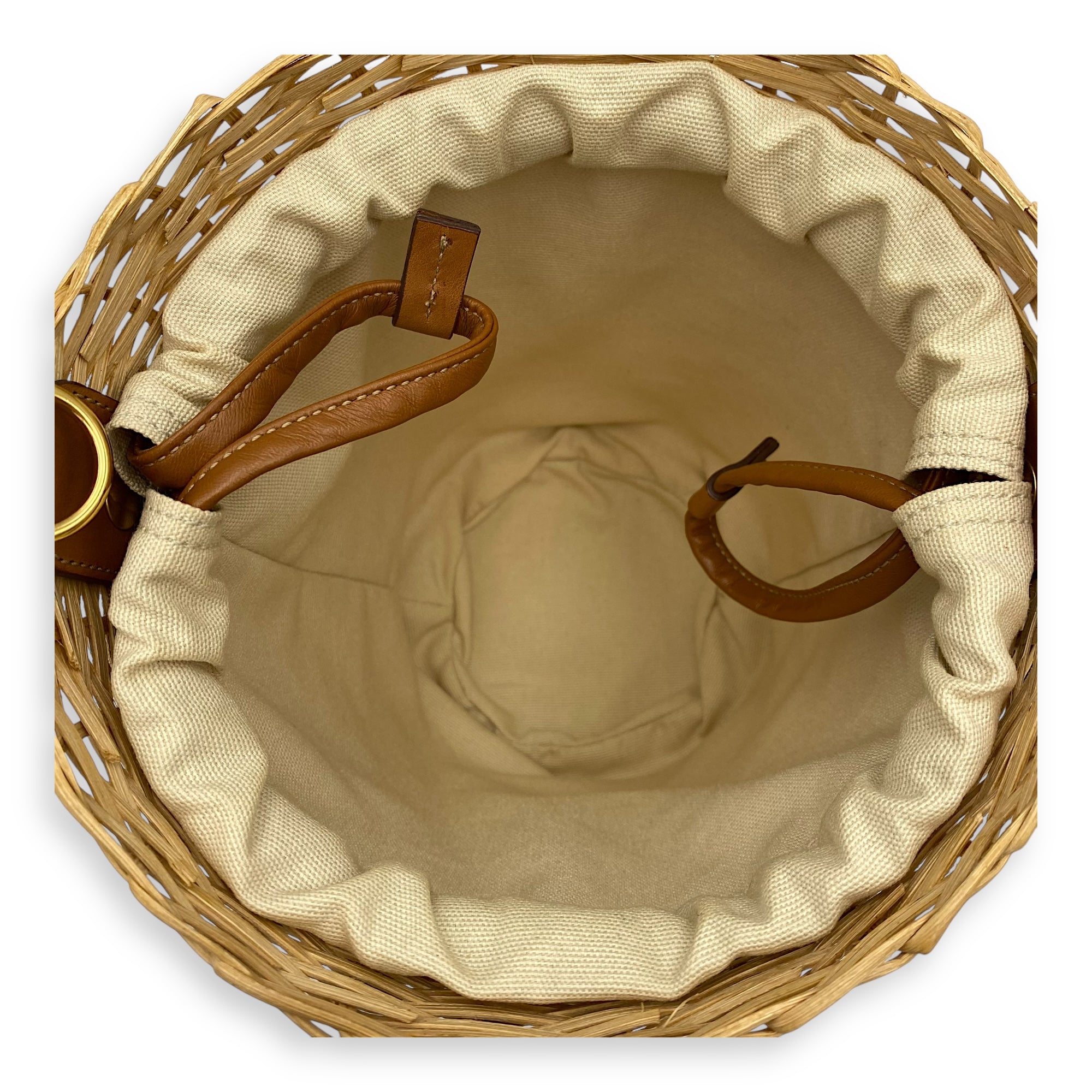 Wicker Bucket Brown Top Handle Bag in Rattan, Gold hardware - Image 7