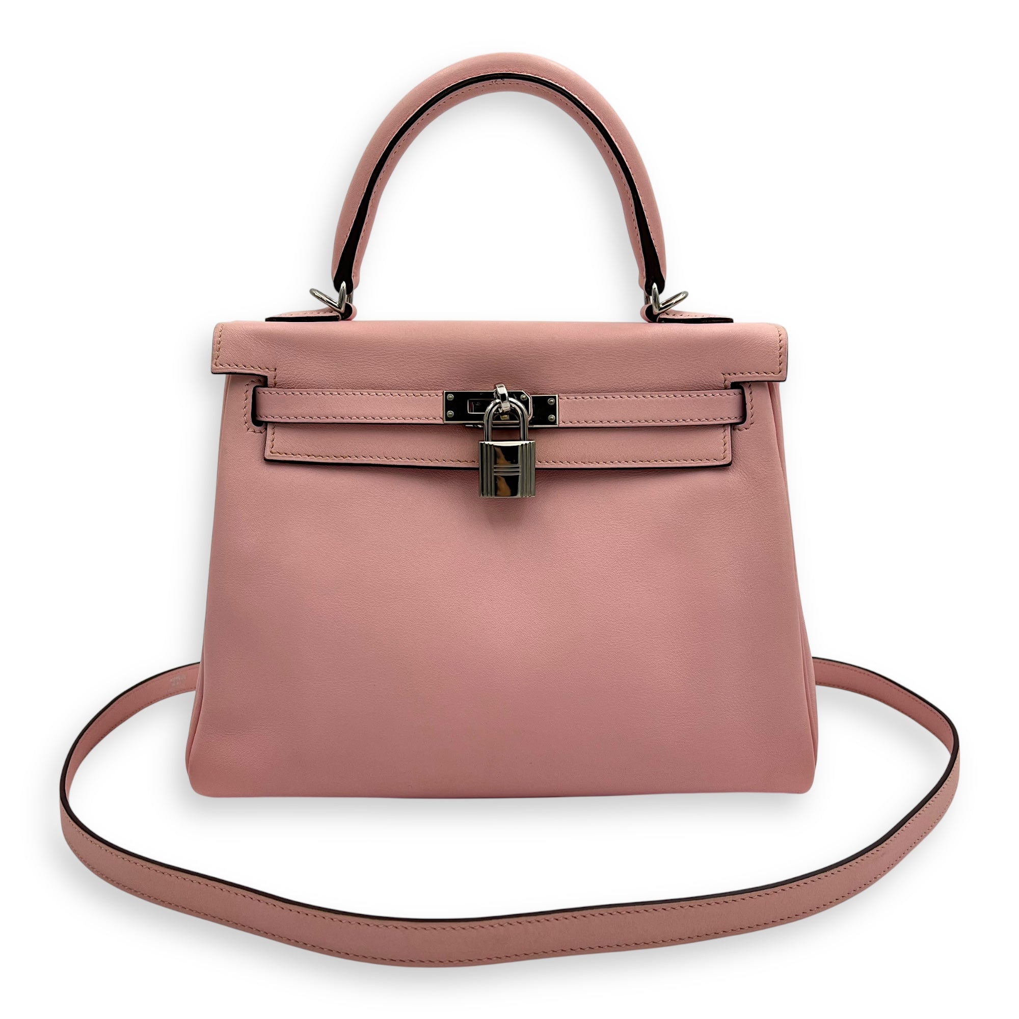 Kelly 25 Sakura Pink Top Handle Bag in Swift, Palladium hardware - Image 15