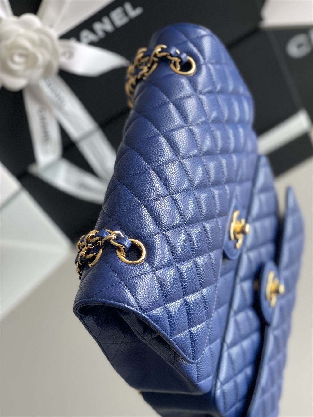Quilted Caviar Leather Gold-Tone Dark Blue - Image 4