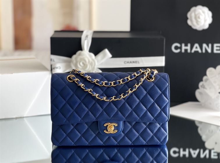 Quilted Caviar Leather Gold-Tone Dark Blue - Image 3