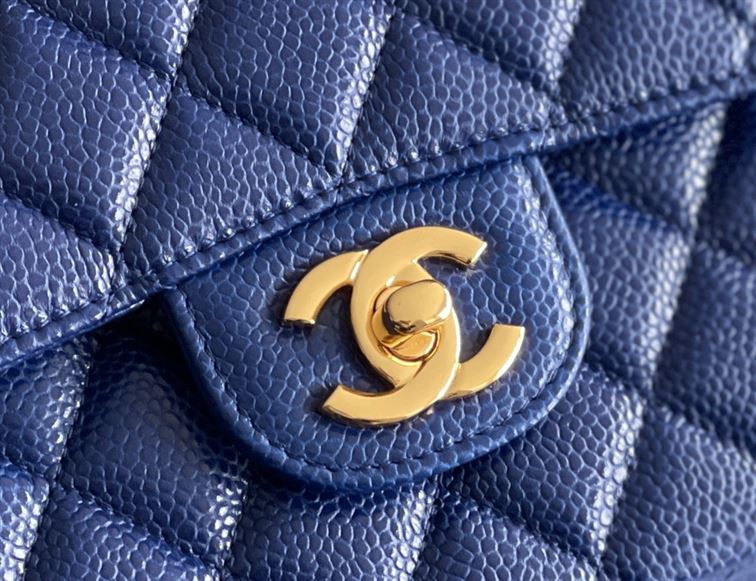 Quilted Caviar Leather Gold-Tone Dark Blue - Image 10