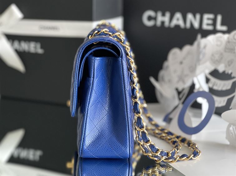 Quilted Caviar Leather Gold-Tone Dark Blue - Image 9