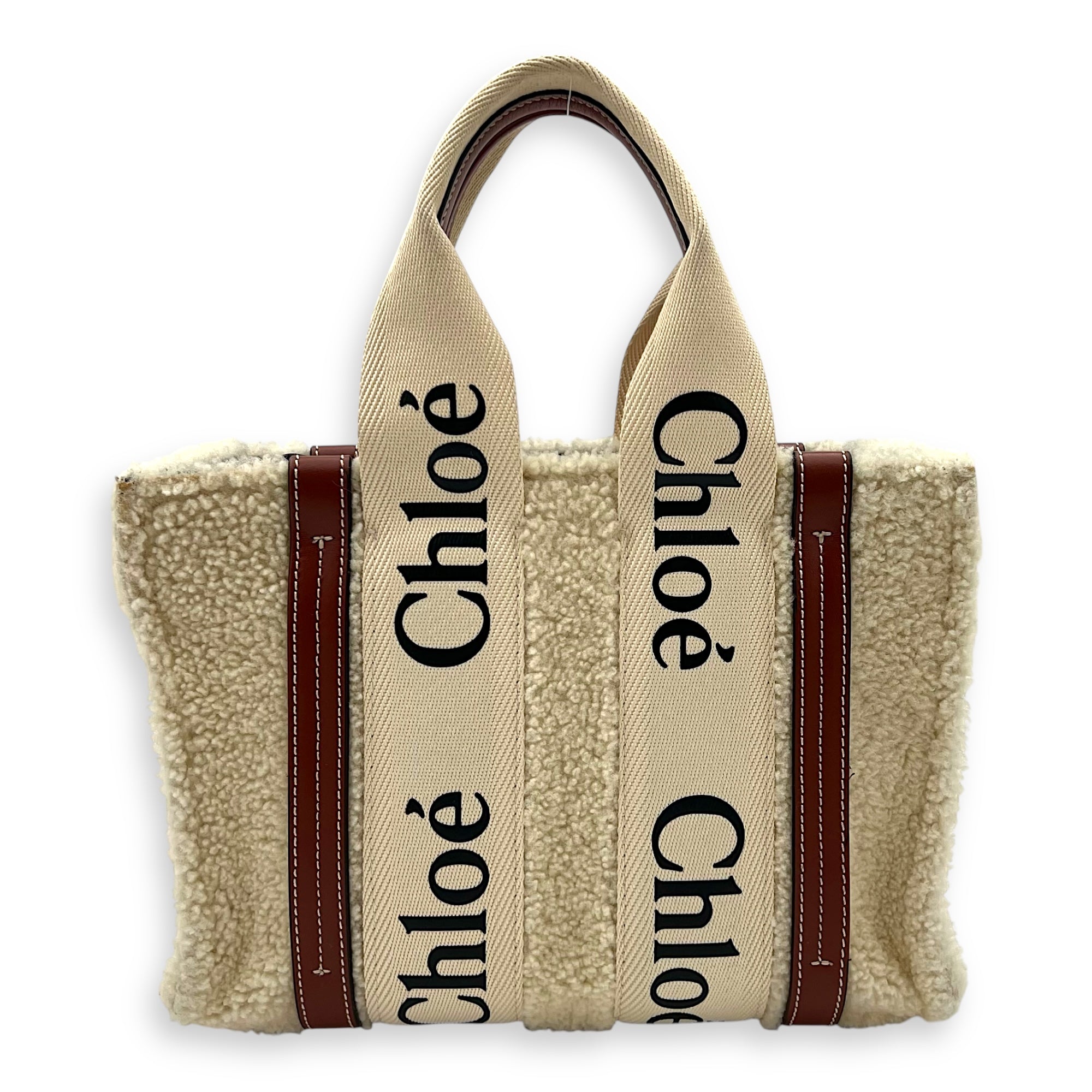 Woody Tote Bag Small Beige in Wool, Gold hardware