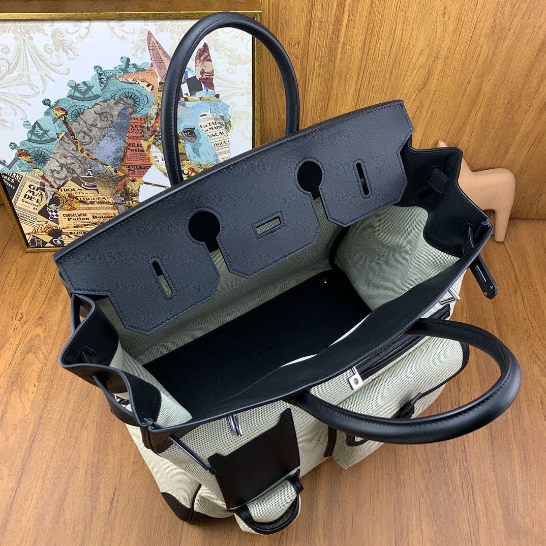 Hermes HAC Cargo Birkin 40 Handmade Bag in Toile with Black Leather - Image 8