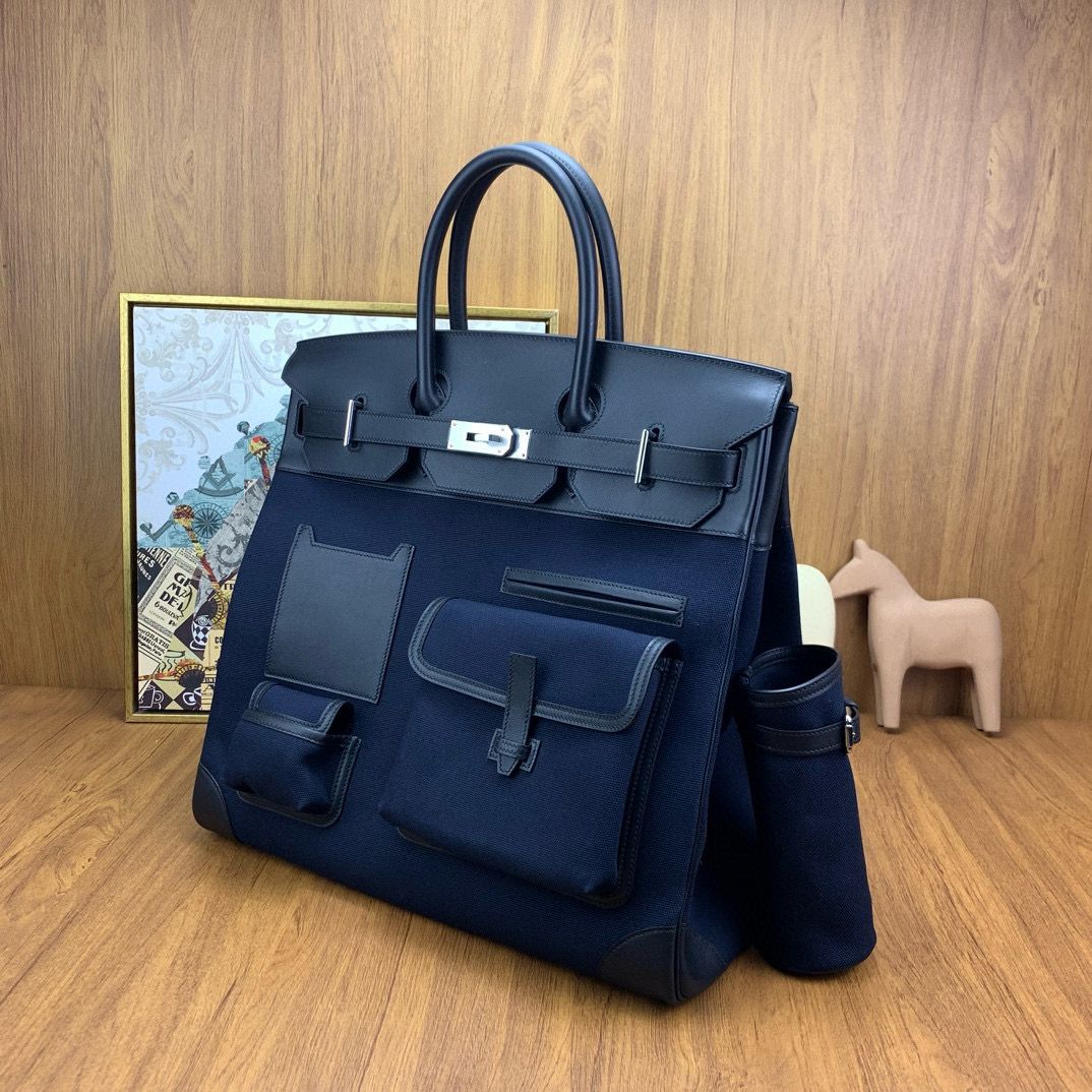 Hermes HAC Cargo Birkin 40 Handmade Bag in Blue Nuit Toile - Image 4